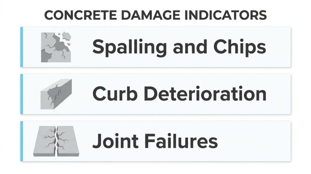 Concrete damage indicators graphic listing spalling and chips, curb deterioration, and joint failures