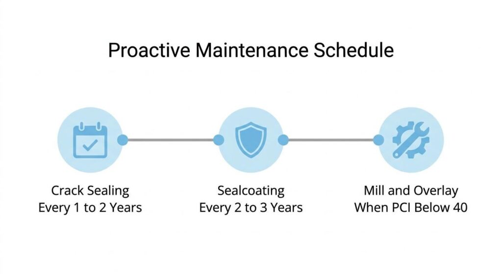 Proactive pavement maintenance schedule showing crack sealing, sealcoating, and mill and overlay 