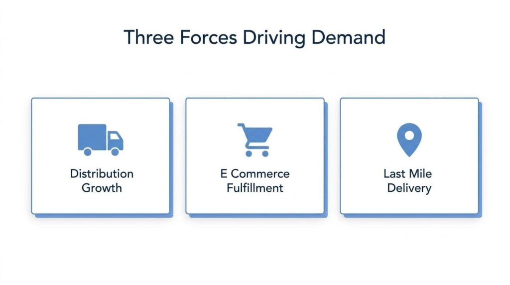 Three forces driving industrial paving demand infographic showing distribution growth, e-commerce fulfillment, and last-mile delivery