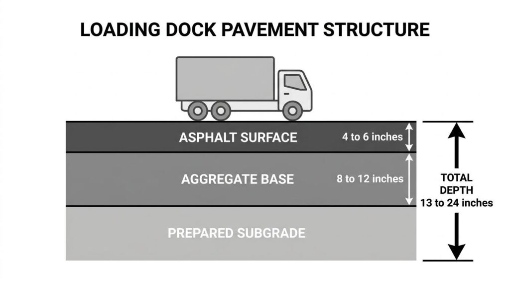 Loading dock pavement structure diagram showing asphalt surface, aggregate base, prepared subgrade, and total pavement depth for truck traffic