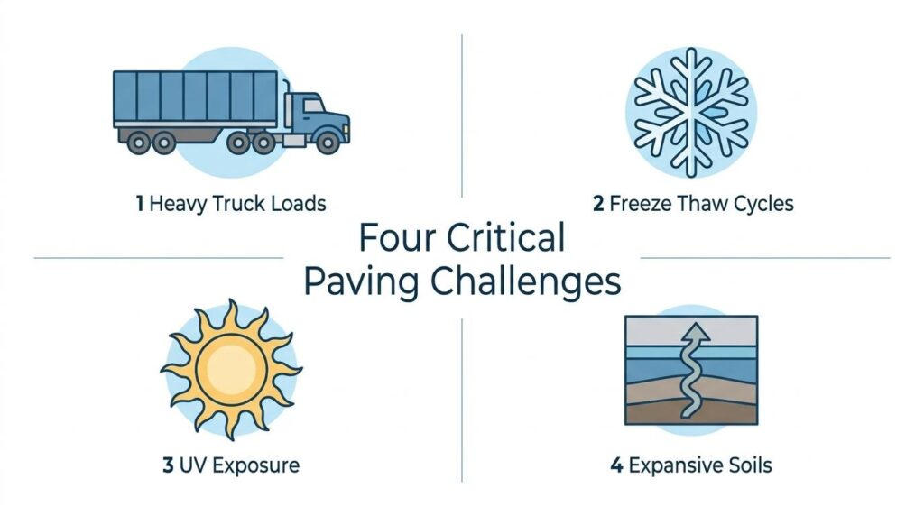 Four critical paving challenges infographic showing heavy truck loads, freeze-thaw cycles, UV exposure, and expansive soils