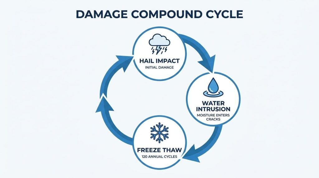 Damage compound cycle showing hail impact, water intrusion, and freeze-thaw cycles worsening asphalt crack
