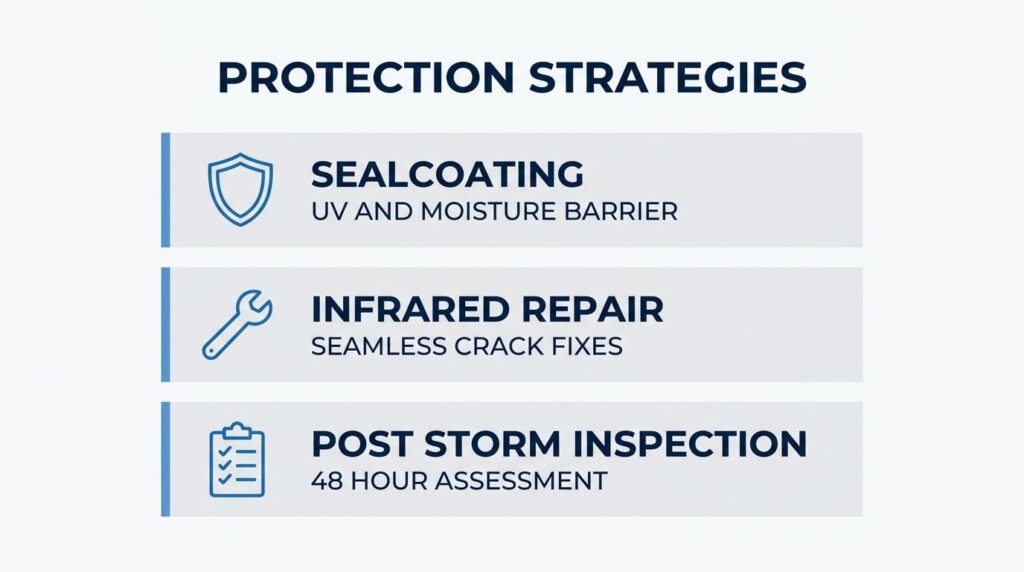 Asphalt protection strategies infographic showing sealcoating, infrared repair, and post-storm inspection