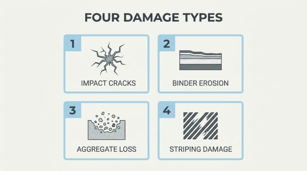 Four types of asphalt hail damage including impact cracks, binder erosion, aggregate loss, and stripping damage