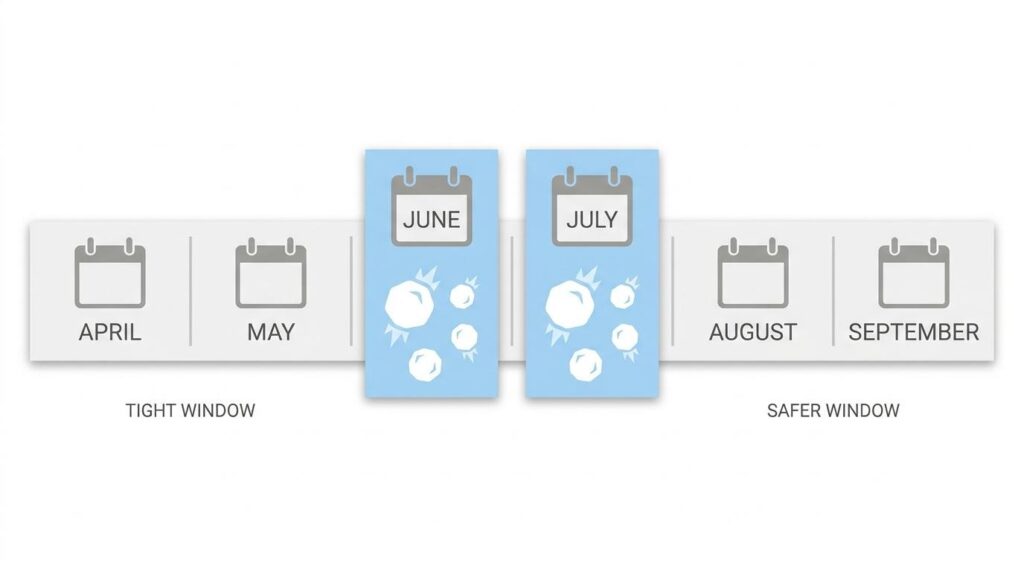 Sealcoating timing calendar showing tight spring window and safer late-season window from April through September