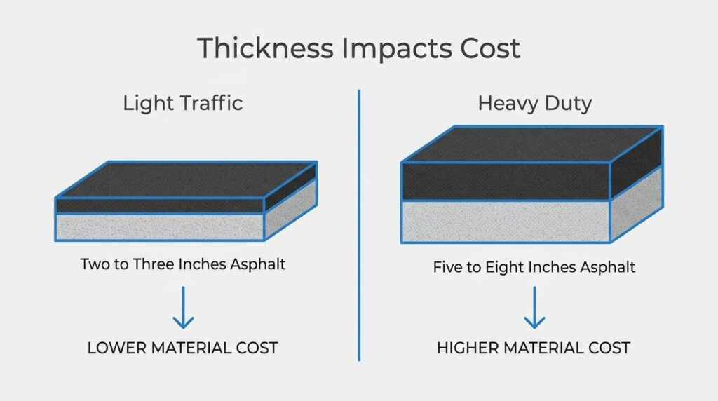 Asphalt thickness cost comparison showing 2–3 inches for light traffic and 5–8 inches for heavy-duty paving