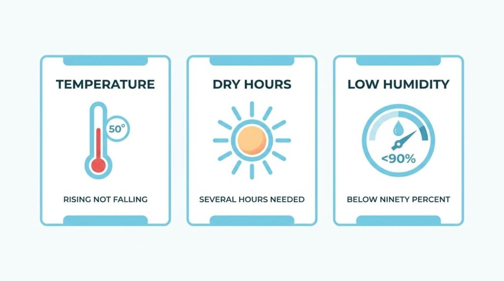Sealcoating weather requirements showing rising temperatures, dry hours, and low humidity conditions
