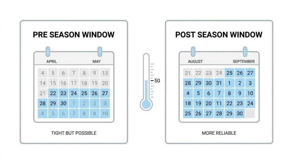 Pre-season and post-season asphalt maintenance calendar showing spring and late-summer service windows