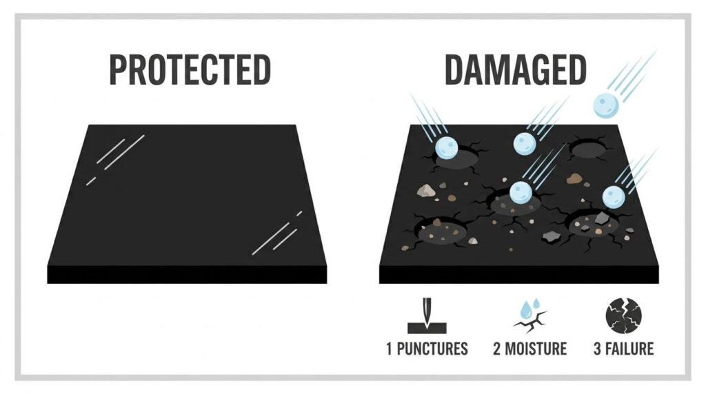 Protected versus damaged asphalt comparison showing hail punctures, moisture intrusion, and surface failure