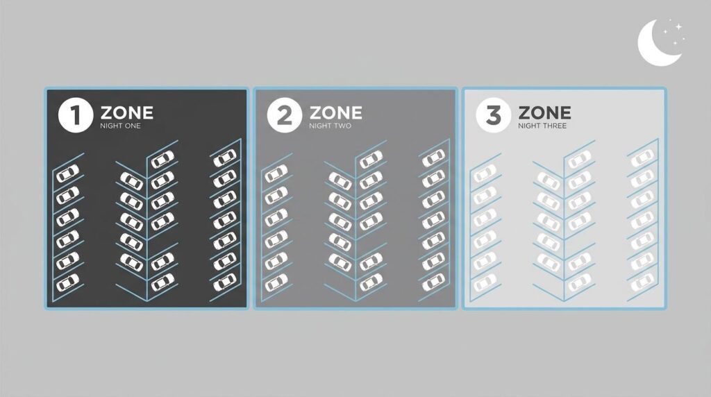 Parking lot sealcoating zone plan showing phased overnight work across three service zones