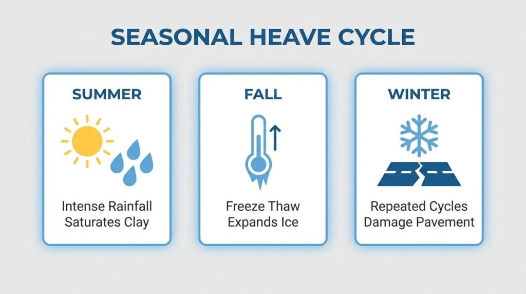 Seasonal heave cycle showing summer rainfall, fall freeze-thaw expansion, and winter pavement damage from repeated cycles