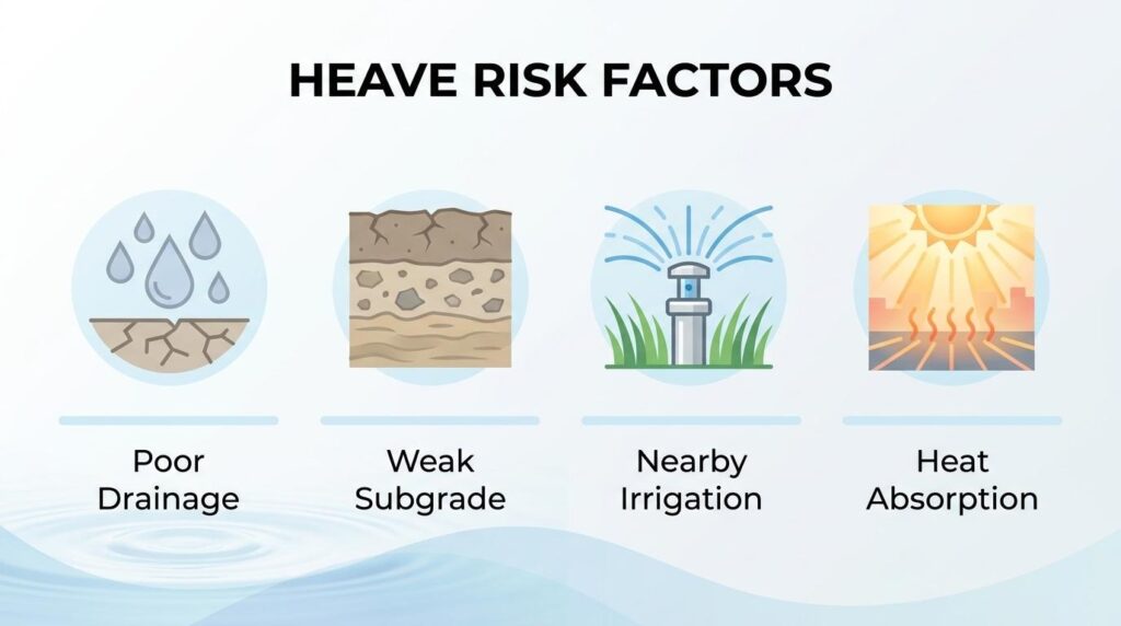 Heave risk factors infographic showing poor drainage, weak subgrade, nearby irrigation, and heat absorption