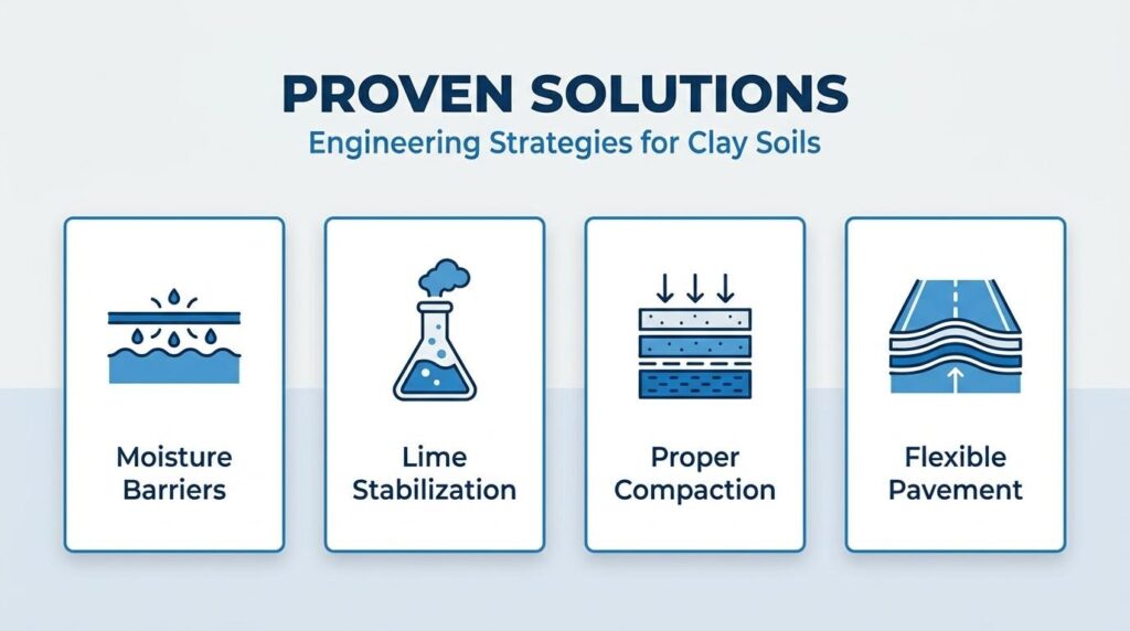 Clay soil heave solutions infographic showing moisture barriers, lime stabilization, proper compaction, and flexible pavement design