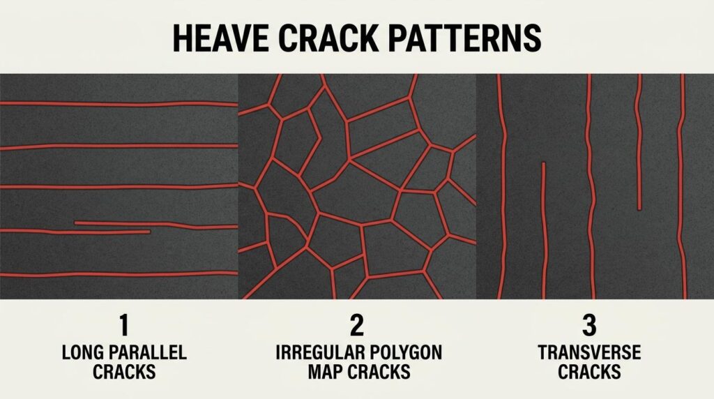 Heave crack patterns infographic showing long parallel cracks, irregular polygon map cracks, and transverse cracks in asphalt pavement