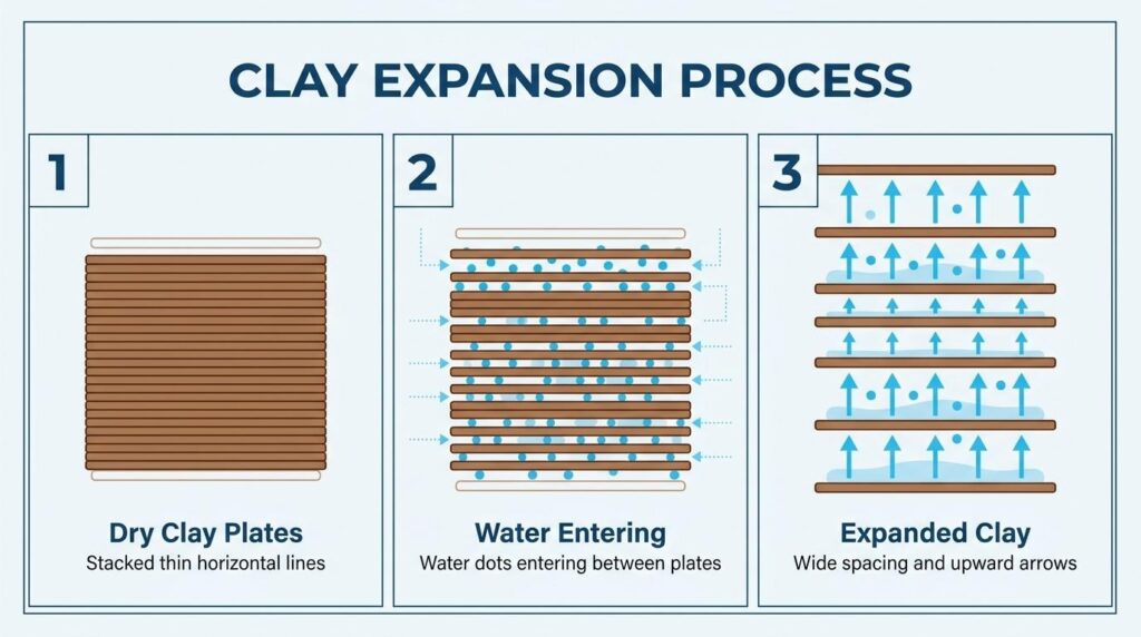 Clay expansion process infographic showing dry clay plates, water entering, and expanded clay pushing upward