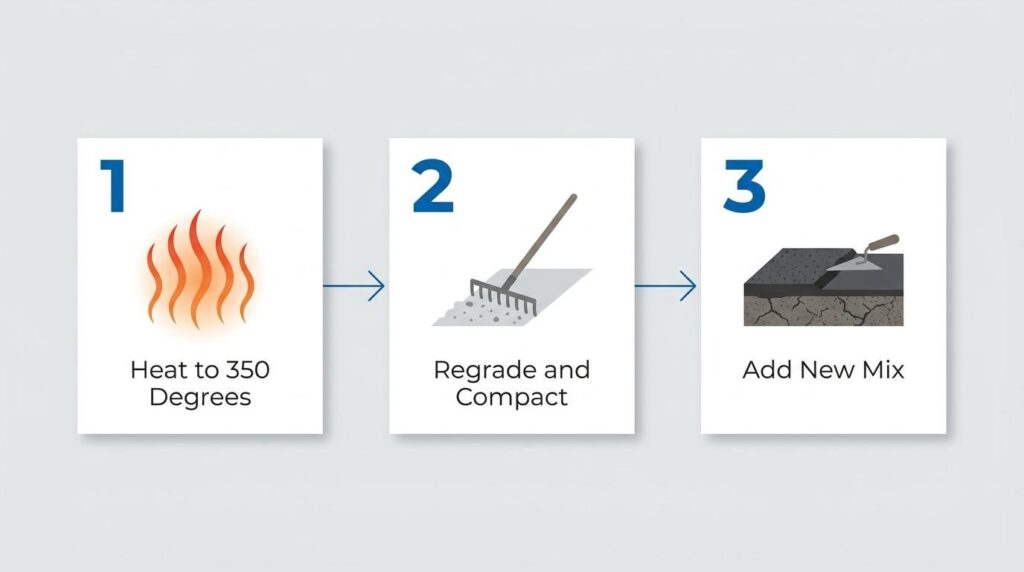 Infrared asphalt repair process showing heating to 350 degrees, regrading and compacting, and adding new asphalt mix
