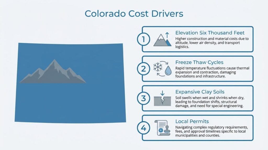 Colorado commercial paving cost drivers infographic including elevation, freeze-thaw cycles, expansive clay soils, and local permits