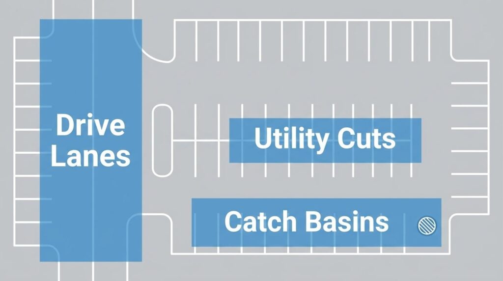 Parking lot repair map showing priority areas for infrared repair, including drive lanes, utility cuts, and catch basins