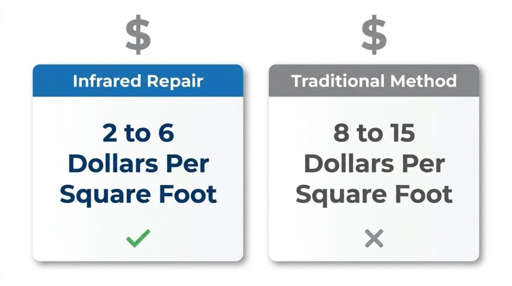 Infrared asphalt repair cost comparison showing lower cost per square foot than traditional repair methods