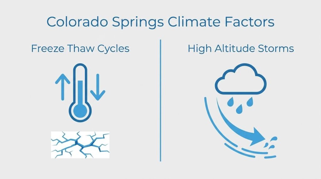 Colorado Springs climate factors infographic showing freeze-thaw cycles and high-altitude storms affecting pavement and stormwater planning