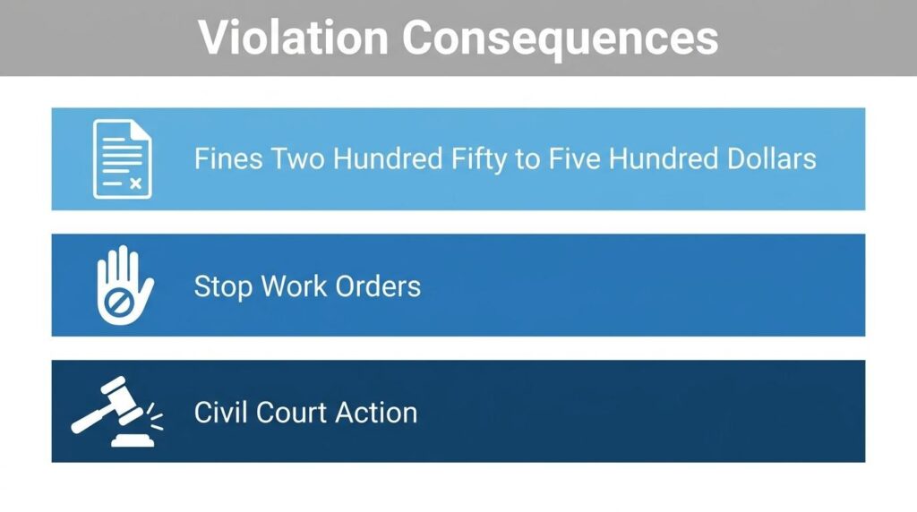 MS4 permit conditions violation consequences showing fines, stop work orders, and civil court action