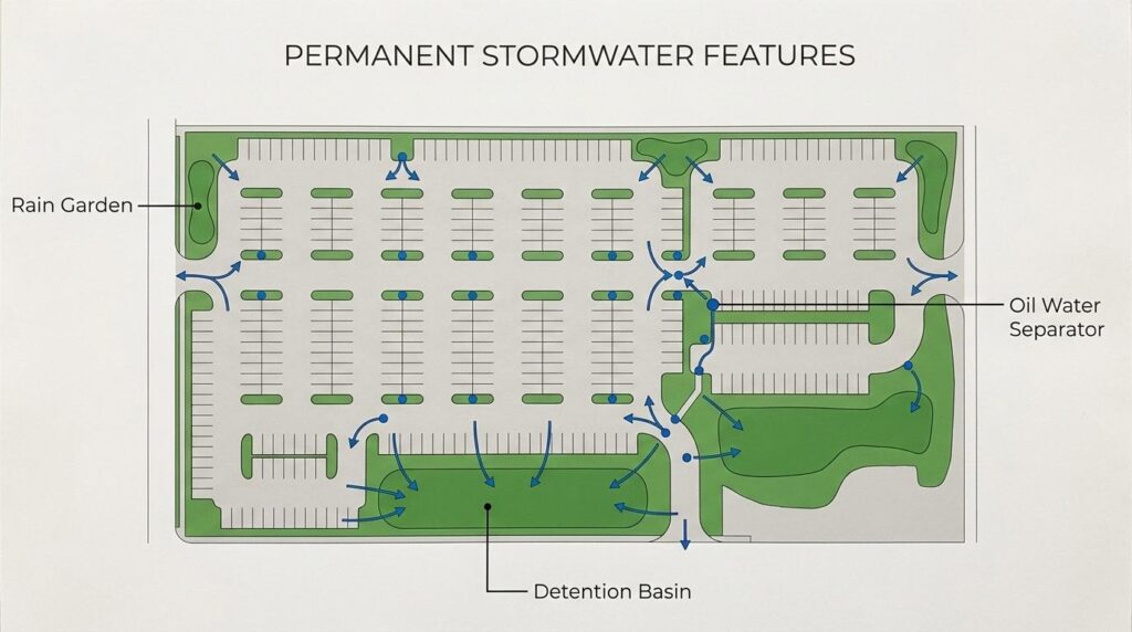 Permanent stormwater features map showing rain gardens, detention basin, oil water separator, and runoff flow paths in a parking lot