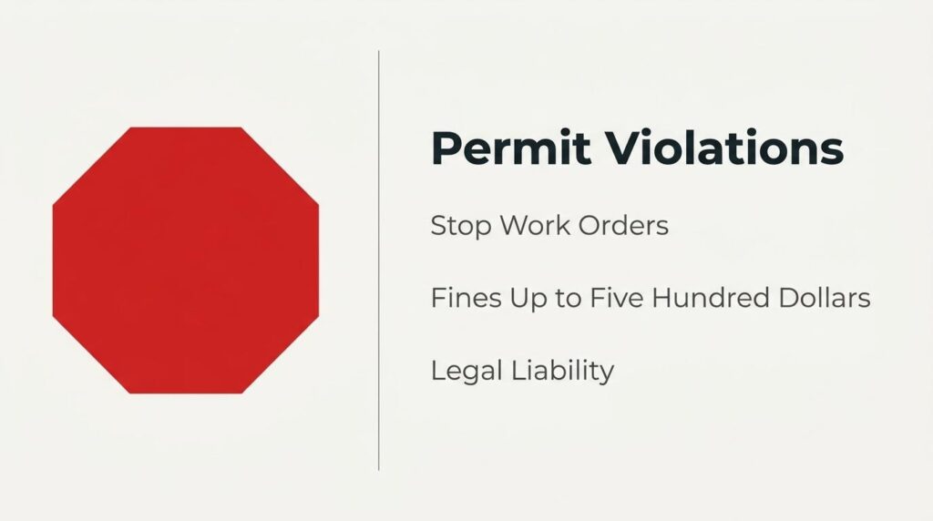 Grading permit violations warning showing stop work orders, fines, and legal liability