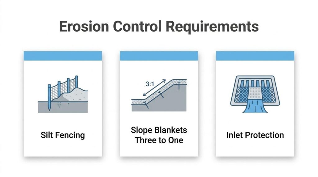 Erosion control requirements for Colorado Springs infographic showing silt fencing, three-to-one slope blankets, and inlet protection