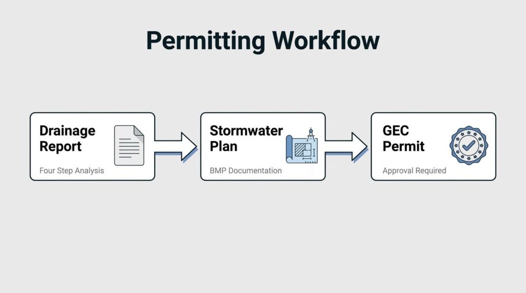 Permitting workflow showing drainage report, stormwater plan, and GEC permit approval process