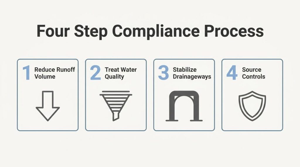Four-step drainage compliance process showing runoff reduction, water quality treatment, drainageway stabilization, and source controls