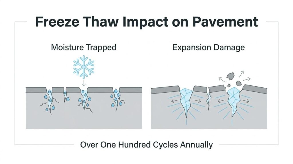 Freeze-thaw impact on pavement showing trapped moisture, expansion damage, and repeated annual cracking cycles