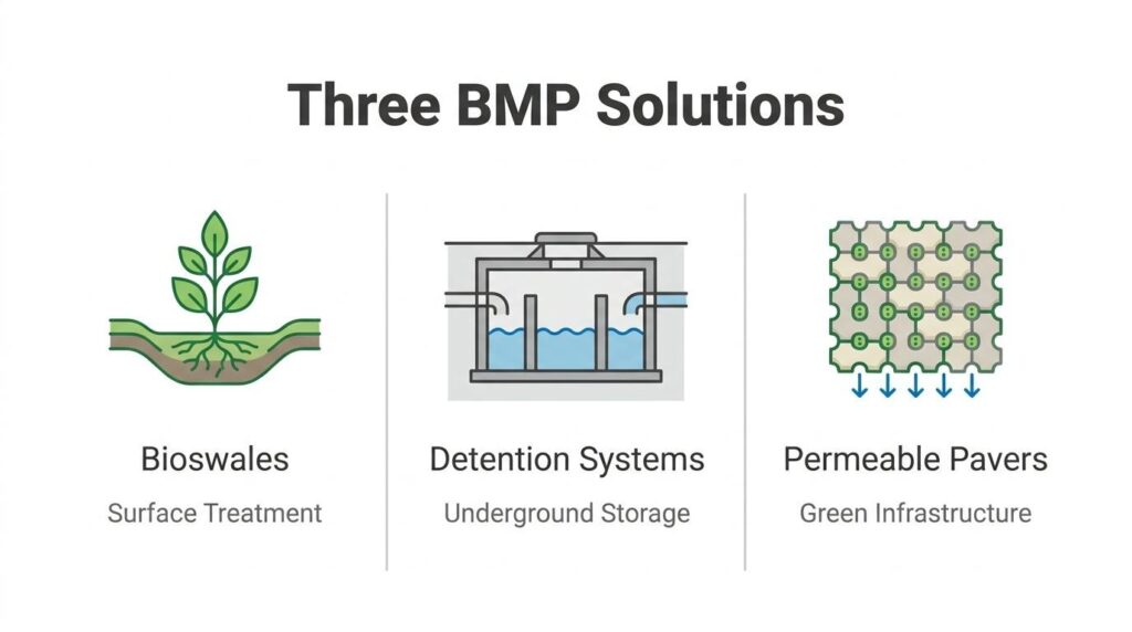 Three BMP stormwater solutions showing bioswales, detention systems, and permeable pavers for drainage management