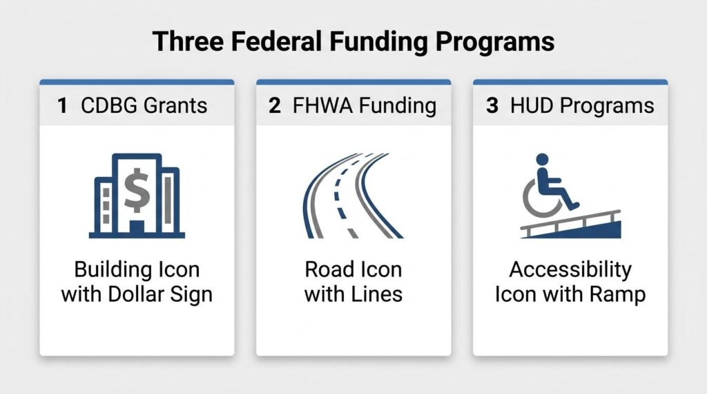 Three federal funding programs for paving projects, including CDBG grants, FHWA funding, and HUD accessibility programs