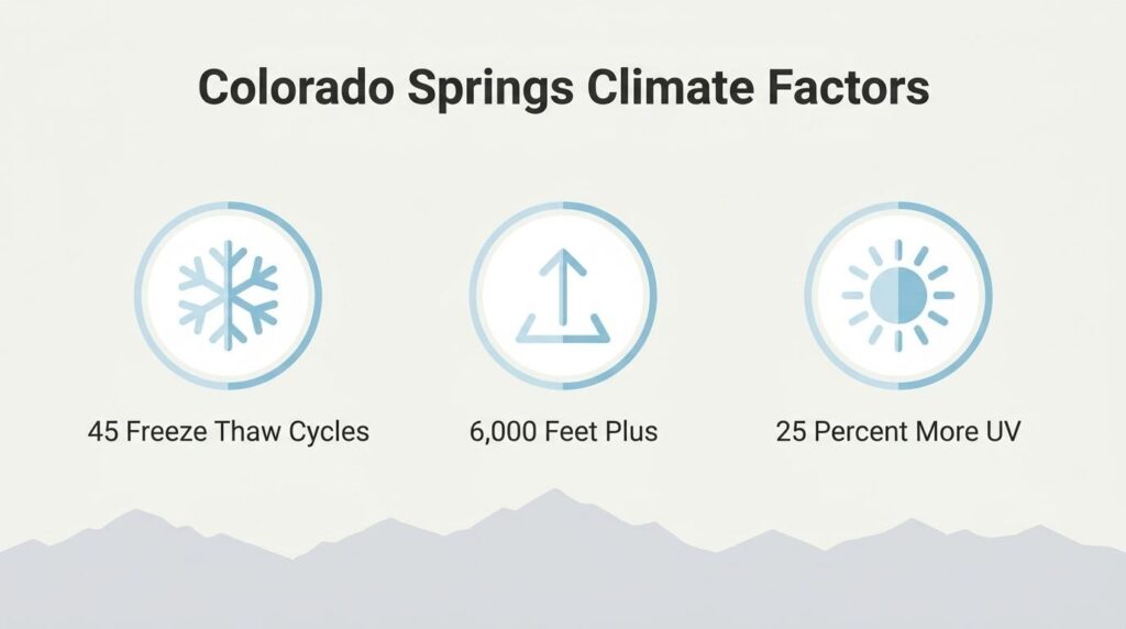 Colorado Springs climate factors infographic showing freeze-thaw cycles, 6,000-foot elevation, and increased UV exposure