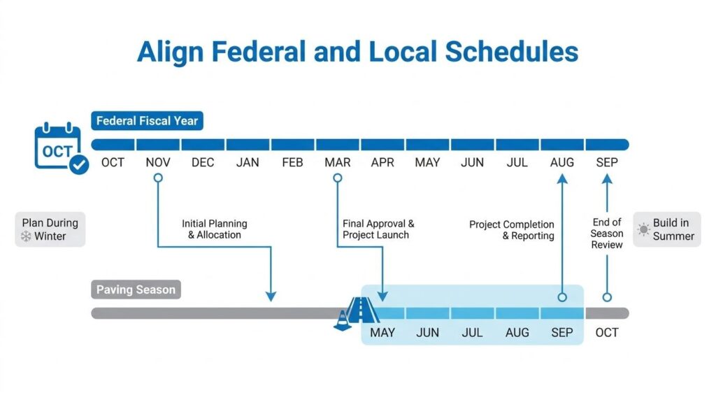 Federal and local paving schedule alignment showing planning, approval, construction season, completion, and reporting timeline