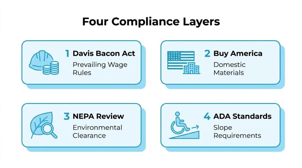Federal paving compliance layers infographic showing Davis-Bacon Act, Buy America, NEPA review, and ADA standards