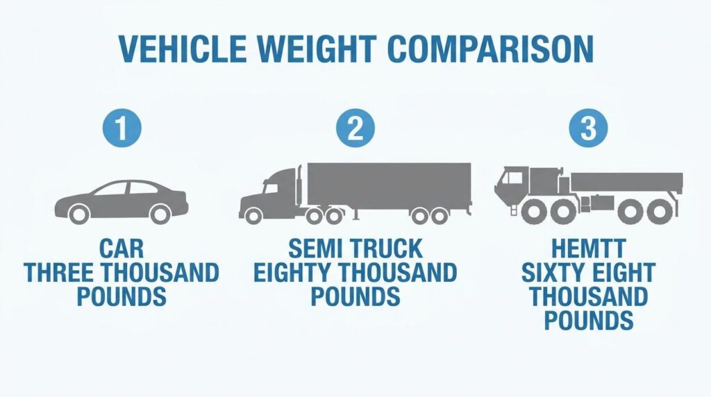 Vehicle weight comparison showing a car, semi truck, and HEMTT with their approximate weights