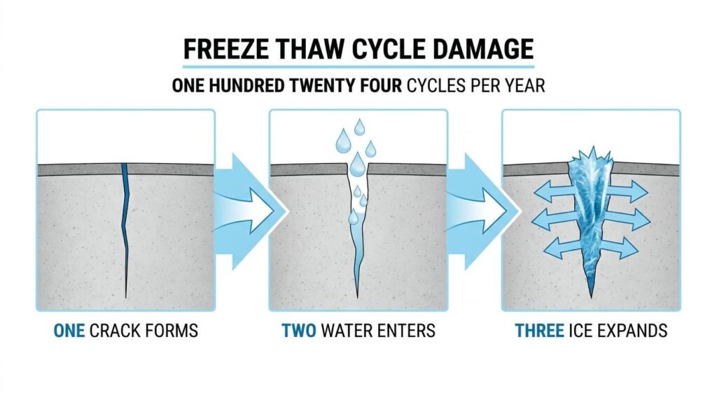 Freeze-thaw cycle damage diagram showing a crack forming, water entering, and ice expanding inside pavement