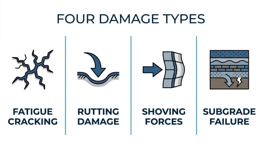 Four pavement damage types from heavy loads, including fatigue cracking, rutting damage, shoving forces, and subgrade failure