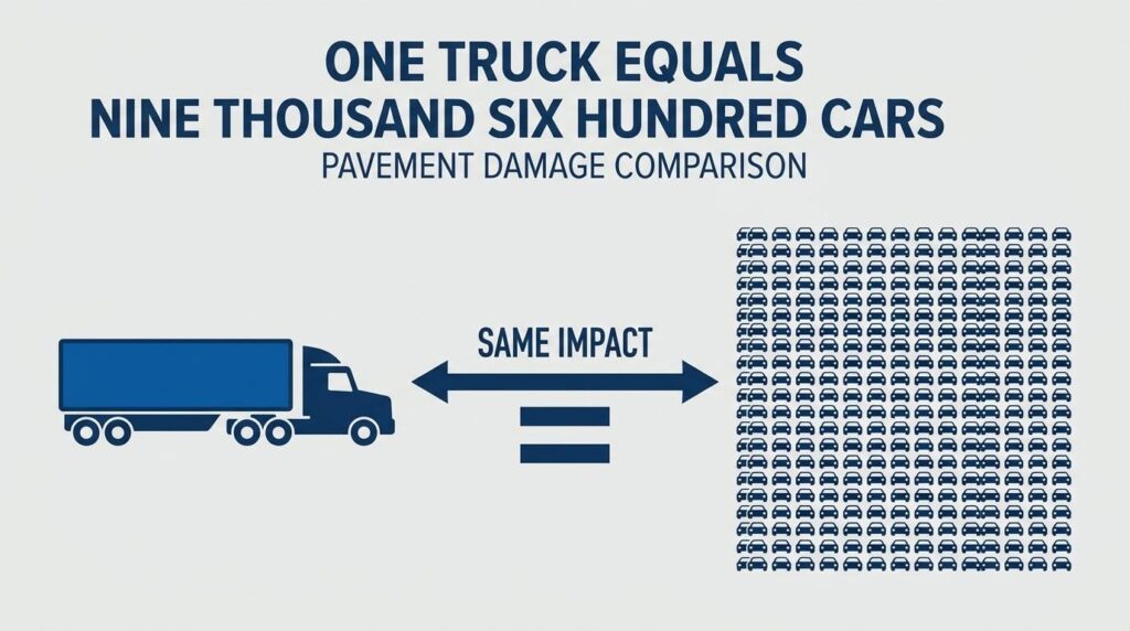 Pavement damage comparison showing one heavy truck creating the same impact as thousands of cars