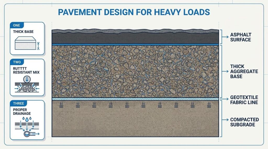 Heavy-load pavement design diagram showing thick base, rut-resistant mix, proper drainage, asphalt surface, aggregate base, geotextile fabric, and compacted subgrade
