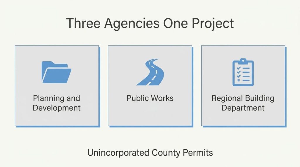 Permit agency overview showing planning and development, public works, and regional building department involvement for unincorporated county projects