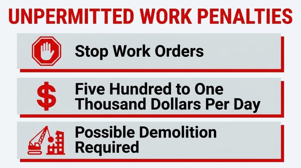 Unpermitted work penalties infographic showing stop work orders, daily fines, and possible demolition requirements