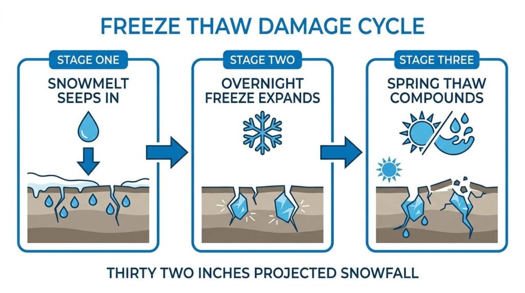 Freeze-thaw damage cycle showing snowmelt seeping into pavement, overnight freezing, and spring thaw worsening cracks