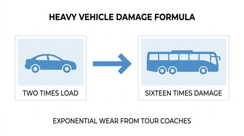 Heavy vehicle damage formula showing tour coaches causing significantly more pavement wear than passenger cars