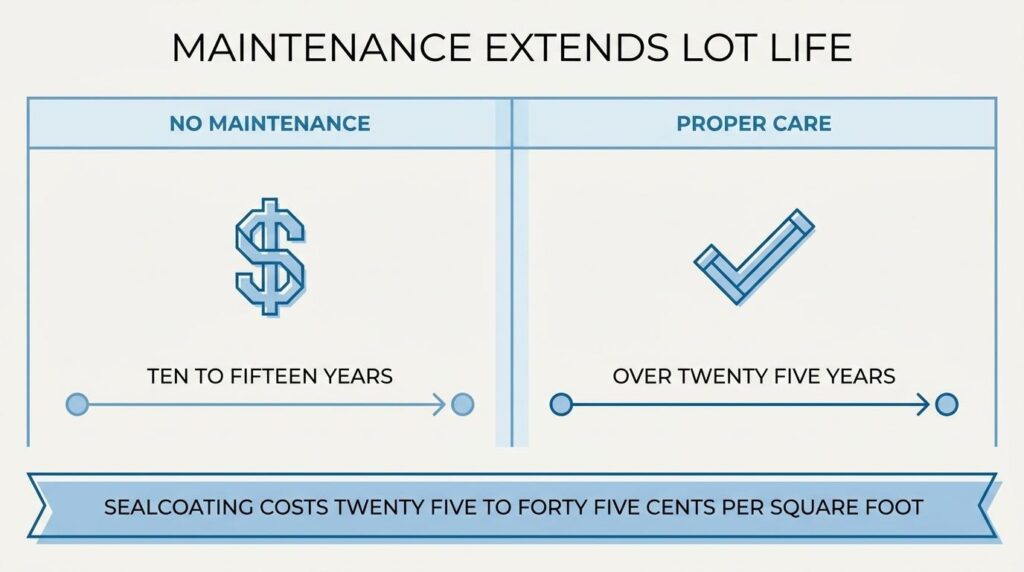 Parking lot maintenance comparison showing proper care extending pavement life beyond 25 years compared with no maintenance