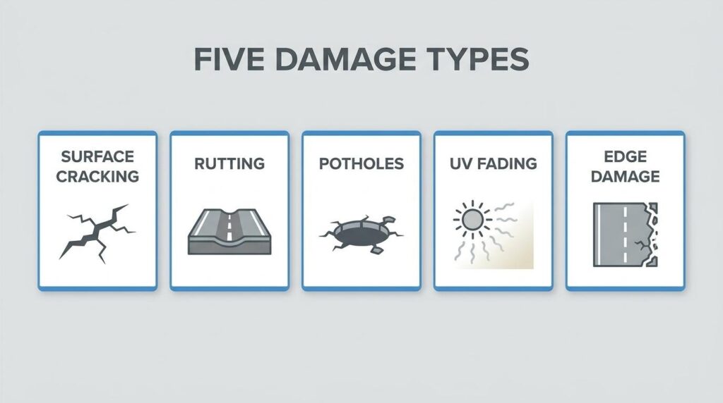 Five hotel parking lot damage types showing surface cracking, rutting, potholes, UV fading, and edge damage