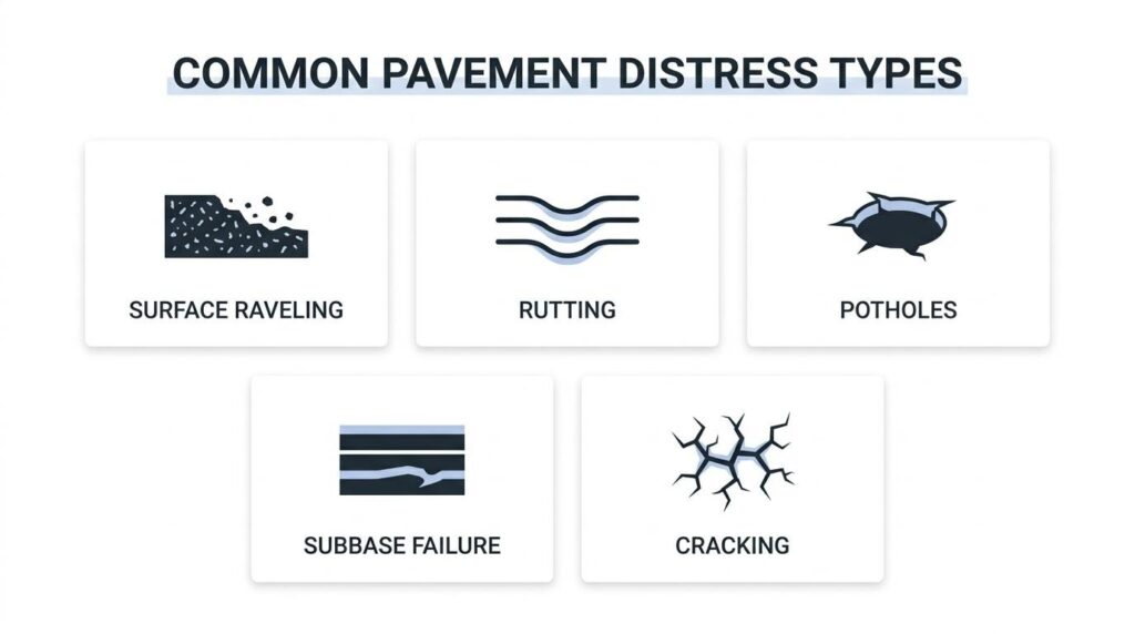 Common pavement distress types infographic showing surface raveling, rutting, potholes, subbase failure, and cracking