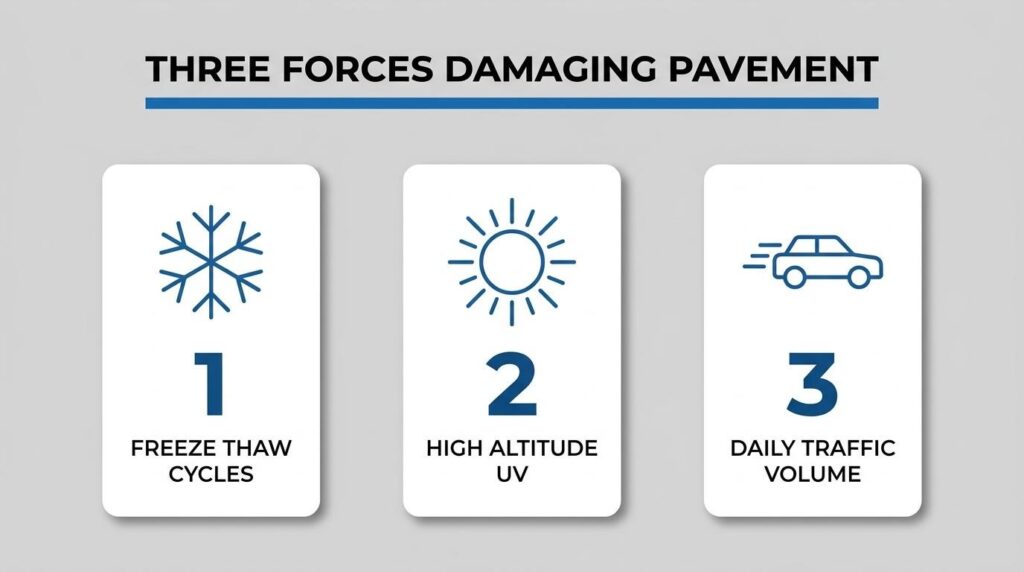 Three pavement damage forces in Colorado Springs showing freeze-thaw cycles, high altitude UV, and daily traffic volume