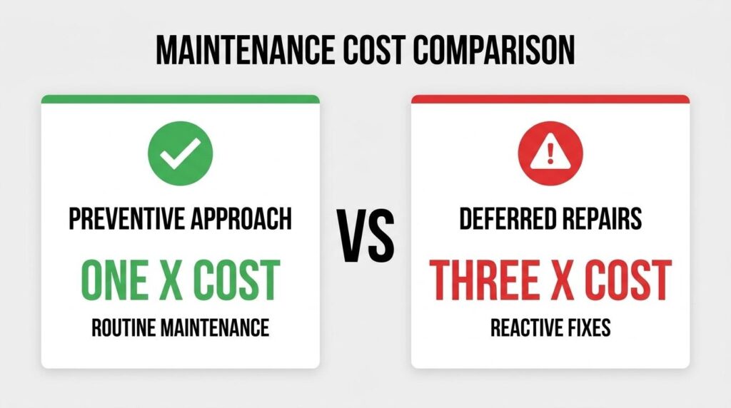 Maintenance cost comparison showing preventive pavement maintenance costing less than deferred reactive repairs